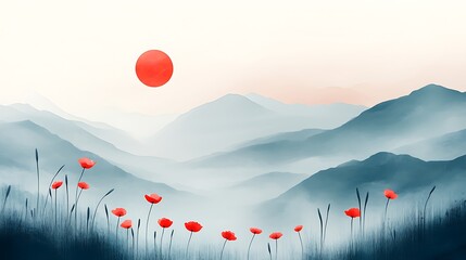 Canvas Print - Serene landscape painting of misty mountains, red poppies, and a large red sun.