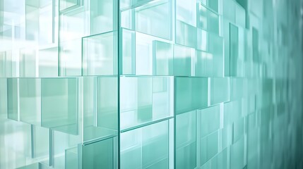 Poster - Minimalist architectural background with a glass wall featuring geometric patterns transparent reflections and a striking turquoise color palette  This modern and clean design creates a sophisticated