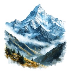 Wall Mural - Majestic Mountain Peak in a Sea of Clouds A Watercolor Painting.