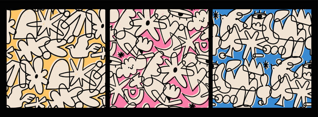 Wall Mural - various doodle outline shapes, objects, curves, lines. abstract contemporary, unique, trendy style. 