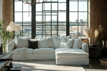 Wall Mural - Luxurious interior design with a white sofa and expansive windows