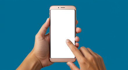 Poster - Smartphone in hand with blank screen shows modern technology on blue background. Smartphone held by hand displays app technology and mobile communication