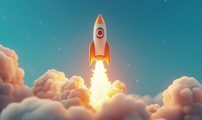 Poster - rocket launching into the sky with vibrant flames and clouds in the background