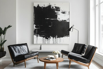 Wall Mural - Minimalist living room featuring black and white abstract wall art