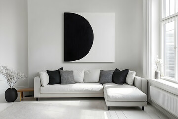 Wall Mural - Minimalist living room featuring black and white abstract wall art