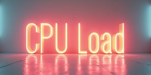 Poster - Neon typography highlighting CPU load on a reflective surface in a dimly lit space