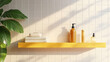 © Sehraye - 3d yellow kitchen shelf on tile wall background. Realistic minimal bathroom studio with shadow. Geometric pattern backdrop for showcase illustration. Empty ceramic pedestal in restroom abstract bg