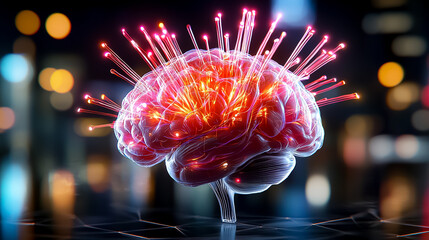Fototapete - Glowing Digital Brain With Neural Connections Against City Lights