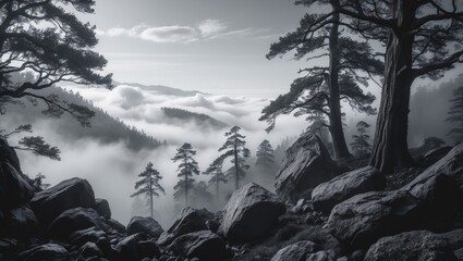 Poster - Mist Covered Mountain Landscape in Black and White with Trees and Rocks in Foreground and Empty Sky Space for Text or Design Elements