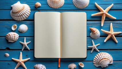 Poster - blank notebook surrounded by seashells and starfish on a blue wooden background with space for custo
