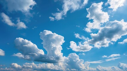 Poster - Vibrant Blue Sky with Fluffy White Clouds Under Bright Sunlight Capturing the Essence of a Refreshing Summer Day
