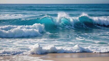 Poster - ocean waves crashing on sandy shore under bright sunny sky