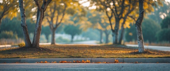 Poster - Serene blurred landscape featuring trees along a road with empty space for text and a peaceful autumn atmosphere suitable for backgrounds.