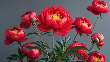 Poster - vibrant red peonies displayed against a soft grey background showcasing floral beauty and elegance i