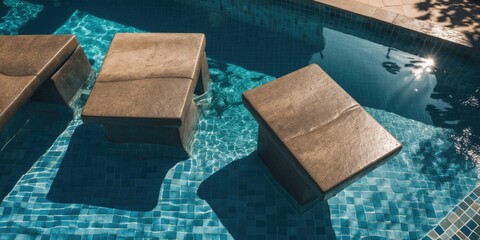 Canvas Print - Brown Stone Lounge Seats In Clear Blue Pool Water With Shadows Abstract Tiling Design Ideal For Relaxation And Text Overlay Space