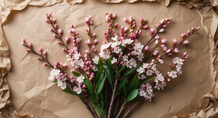 Poster - spring flowering branches with blossoms on crumpled paper background rustic floral composition top v