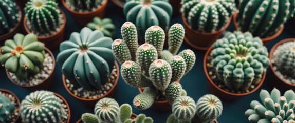 Poster - vibrant collection of cacti in various shapes and sizes in decorative pots set against dark backgrou