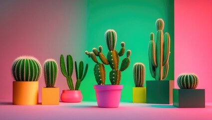 Poster - Trendy Minimalist Still Life with Colorful Cacti in Stylish Pots Against Neon Background with Space for Text or Branding