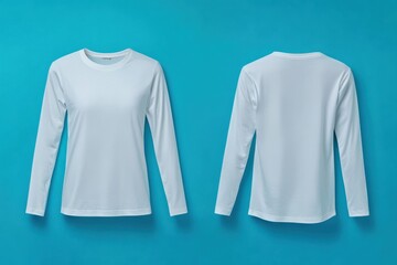 Poster - Long sleeve white shirt displayed against a bright blue background for a clear view of design and texture