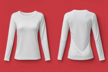 Poster - Long sleeve white shirt displayed against a vibrant red background showcasing its design and cut from multiple angles