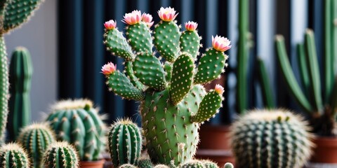 Poster - vibrant cactus plant with blooming flowers against a blurred background showcasing its unique shape 