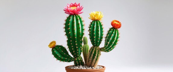 Poster - colorful cactus arrangement with vibrant flowers in a pot on a neutral background for home decor and