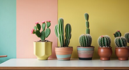 Canvas Print - Cacti Arranged on a Desk Against a Colorful Pastel Wall Creating a Vibrant and Modern Aesthetic for Home or Office Decor