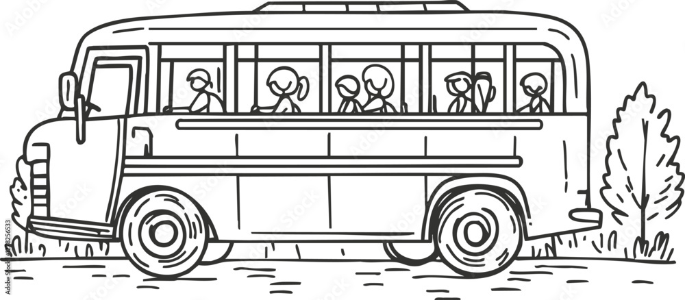 Black and white illustration of a school bus with children inside ...