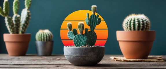 Poster - cacti in pots against a colorful sunset with empty space for text and floral decor elements