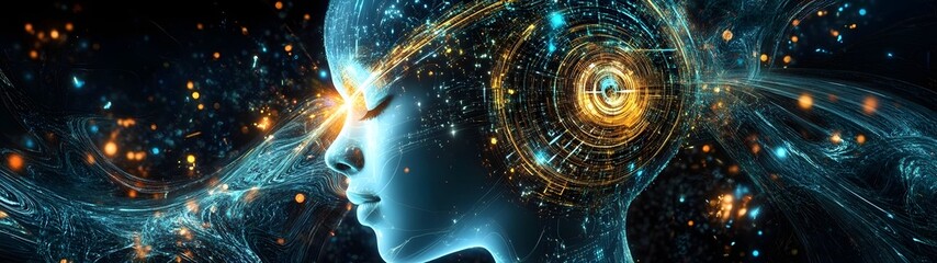 Poster - Surreal digital visualization of the human mind exploring the cosmic universe depicting consciousness intelligence and metaphysical connection to the energy and potential of the cosmos