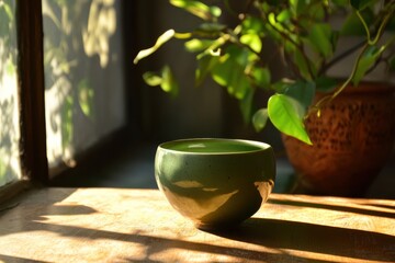 Poster - Ceramic bowl filled with green liquid on wooden table near a window with natural light