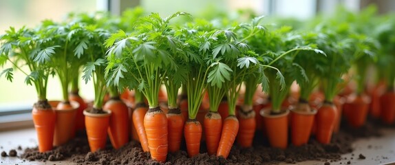 Wall Mural - Healthy Carrot Plants Growing in Containers with Lush Green Foliage and Vibrant Orange Roots in Sunlit Indoor Garden Setting