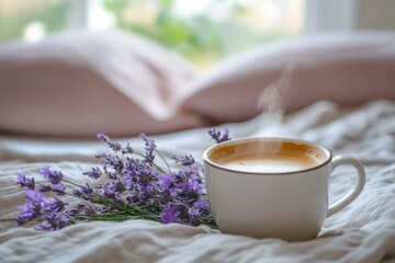 Aufkleber - Lavender tea on a cozy bed with soft pillows in a serene morning light