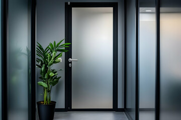 Wall Mural - Office entrance featuring a frosted glass door, plants, and a welcoming professional ambiance