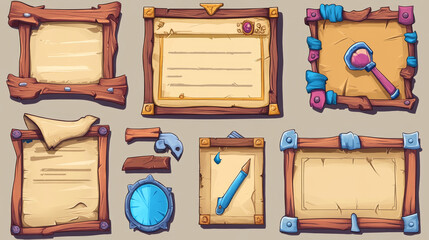 Poster - Set of game stone frames, bars, ui scrolls, boards with antique parchments and menu buttons. Cartoon interface elements, empty borders with banners, ui or gui design scales, keys, user panel settings