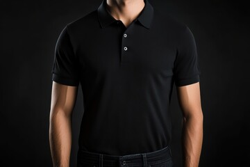 Poster - Black polo shirt on a model with a neutral background, highlighting modern fashion trends in casual wear for men