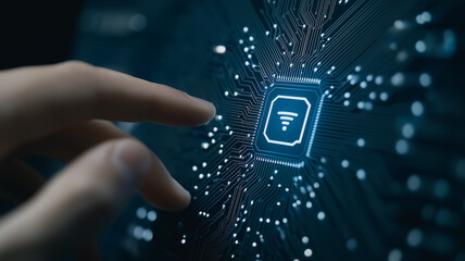 Poster - Connecting to Innovation: A person's finger taps a digital circuit board, highlighting the modern Wi-Fi symbol and signifying seamless connection, tech advancement, and modern communication.
