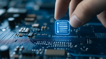 Poster - digital integration: a close-up shot of a hand interacting with a futuristic digital interface, repr