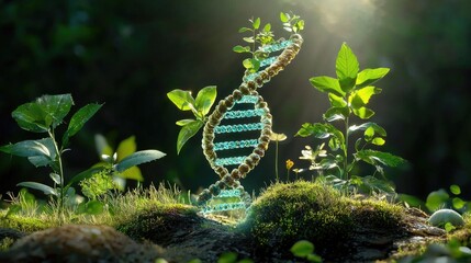 Poster - A high-tech visualization of DNA sequences merging with plant cells, symbolizing biotechnology advancements.