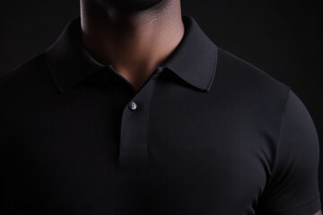 Poster - Close-up of a person's upper chest in a black polo shirt against a dark background