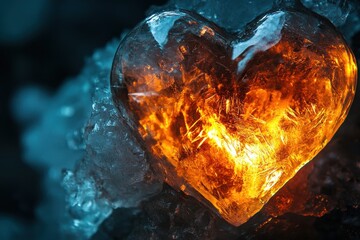 Poster - Beautiful heart-shaped ice sculpture illuminated from within creates a stunning visual display against the dark background