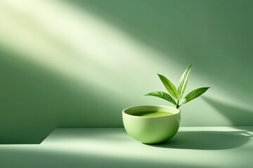Poster - Green bowl with a fresh leaf in natural light on a softly shaded surface