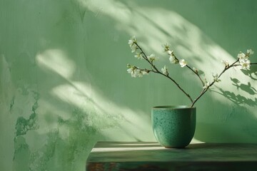Poster - Elegant blossom branch in green ceramic pot against soft textured green wall with gentle light