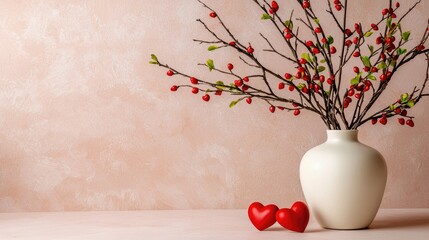 Poster - A modern and clean pink backdrop with artistic red hearts placed on delicate twigs.