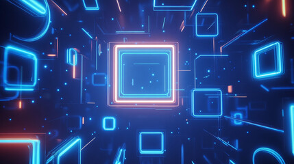 Poster - Neon light frames set with glowing blue borders on transparent background. Glass effect geometric shapes - rounded rectangle, circle with luminous edges. Bright frames collection for futuristic design