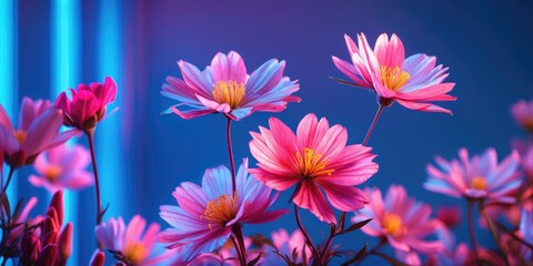 Poster - Vibrant Close Up of Neon Flowers Against Blue Background with Minimalist Retro Style and Empty Space for Text in Macro Photography