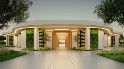 Poster - A modern data center designed with sustainable materials, featuring low-energy servers and indoor greenery.
