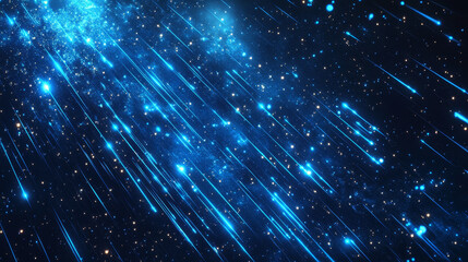 Poster - Light effect of meteor rain. Falling stars and comets with blue glow in dark sky. Abstract background with vertical neon lines and sparkles, vector realistic illustration