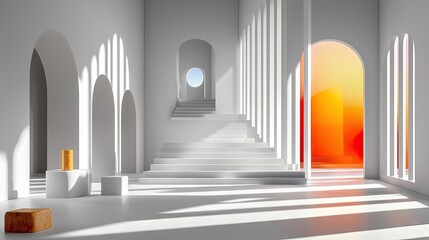 Poster - A modern white backdrop with abstract geometric shapes and subtle shadows.
