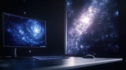 Poster - futuristic space-themed remote workspace cosmic surroundings digital setup dark environment immersiv